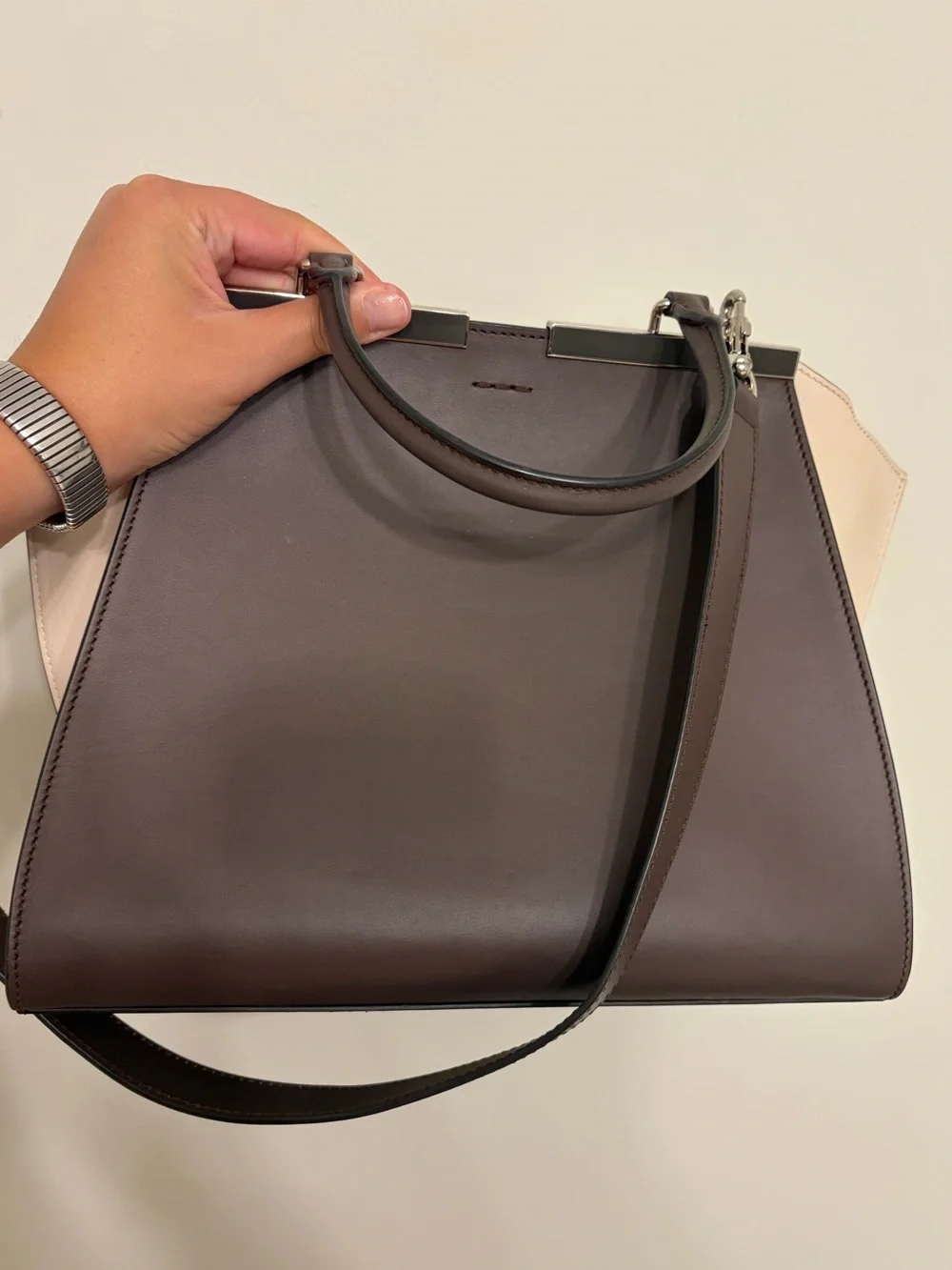 **FENDI** 3Jours LARGE Brown Colorblock Leather Top-Handle Bag with Red Accent